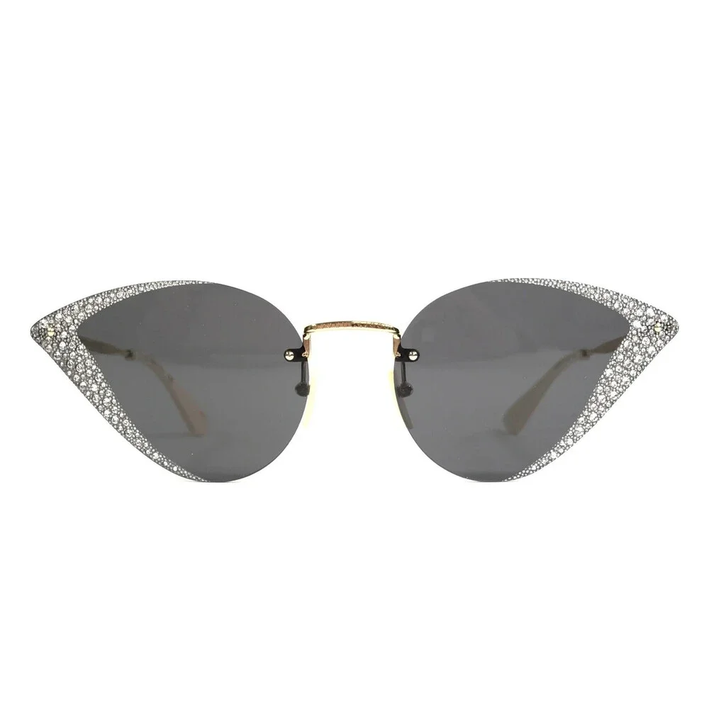 Gucci Sunglasses GG0898S 001 Gold Cat Eye Crystal Frames with Gray Lenses